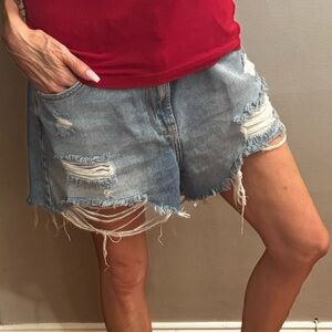 Bershka Frayed Hem Blue Jean Shorts